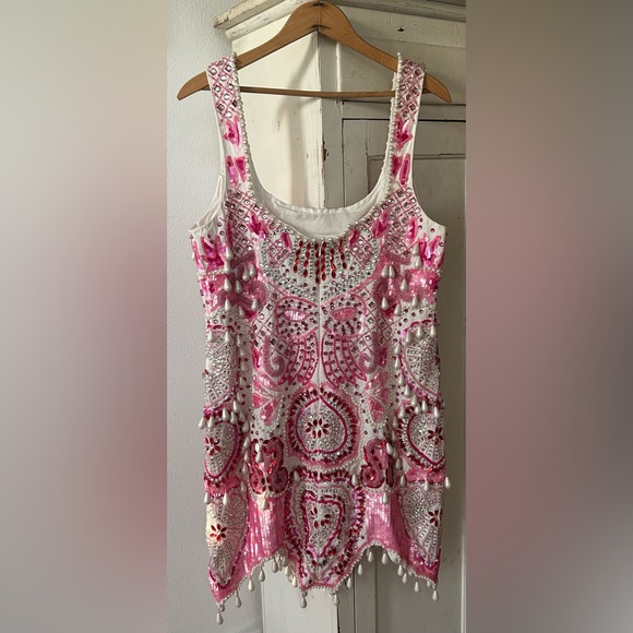 ASOS Luxe | Women’s Pink/Red/Cream Beaded Sleeveless Back Zip Scallop Hem Dress - Picture 6 of 16